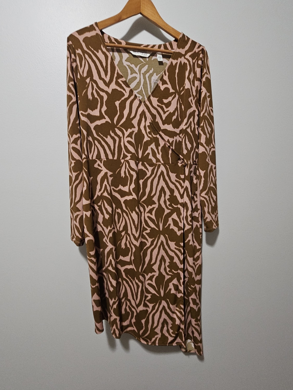 NWOT Long-Sleeve Faux-Wrap Dress in Pink and Brown Print
